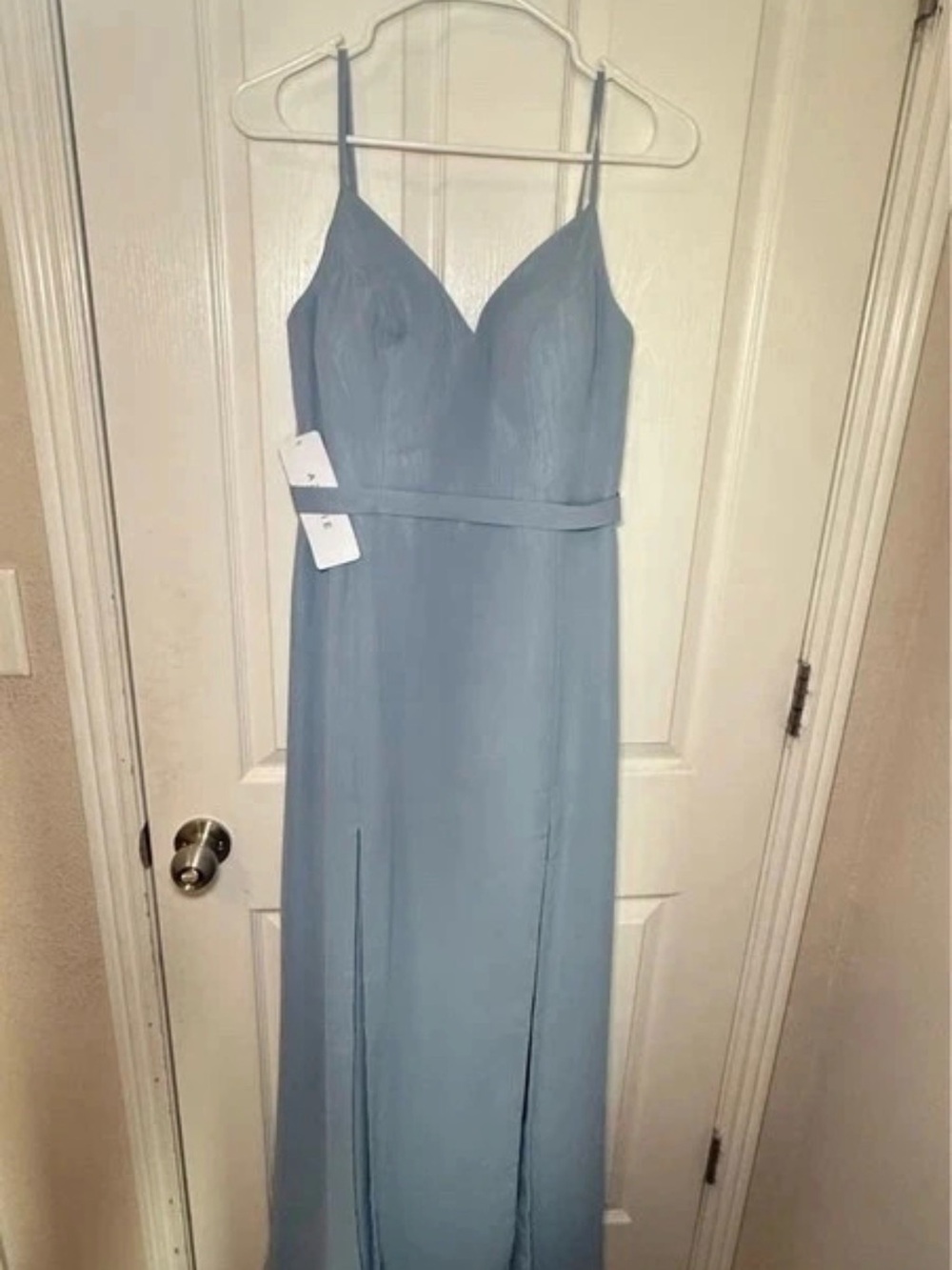 Sky Blue Spaghetti Strap Prom Dress with V-Neck